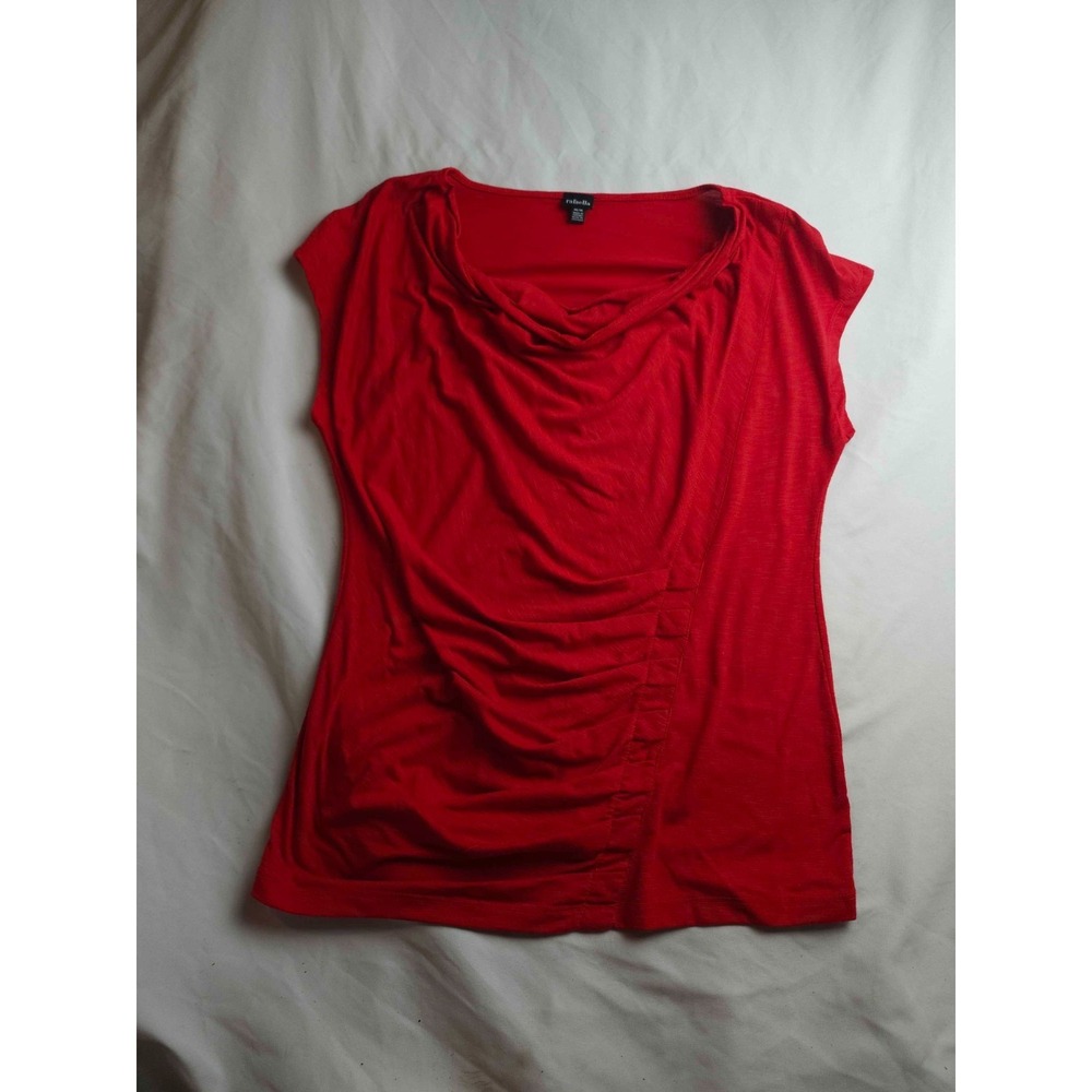 Rafaella Blouse Womens Medium Red Cowl Neck Ruched Cap Sleeve‎ Knit Top Career